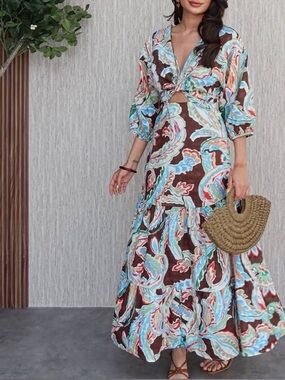 Zara Brown Paisley Maxi Dress with Turquoise and Cream